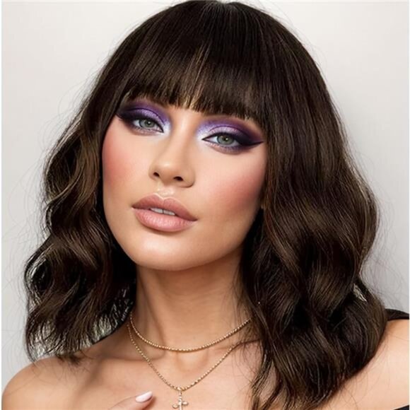 Accessories - Natural Brown Wig with Bangs Short Wavy Wigs for Women Shoulder Length